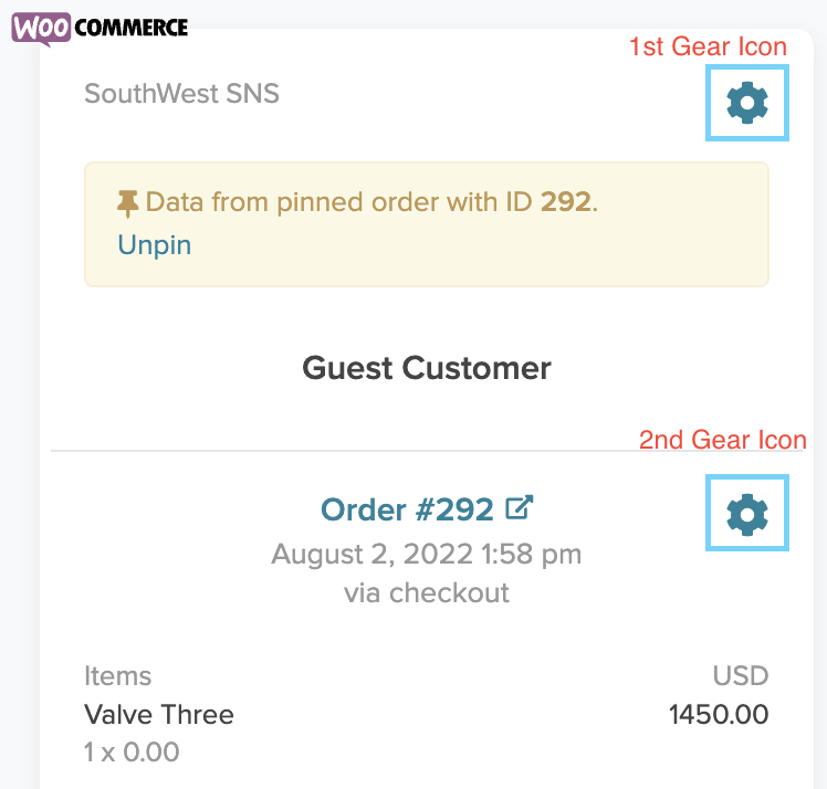 Screenshot of both gear icons on the WooCommerce widget on the right-hand side to pin or unpin a conversation.